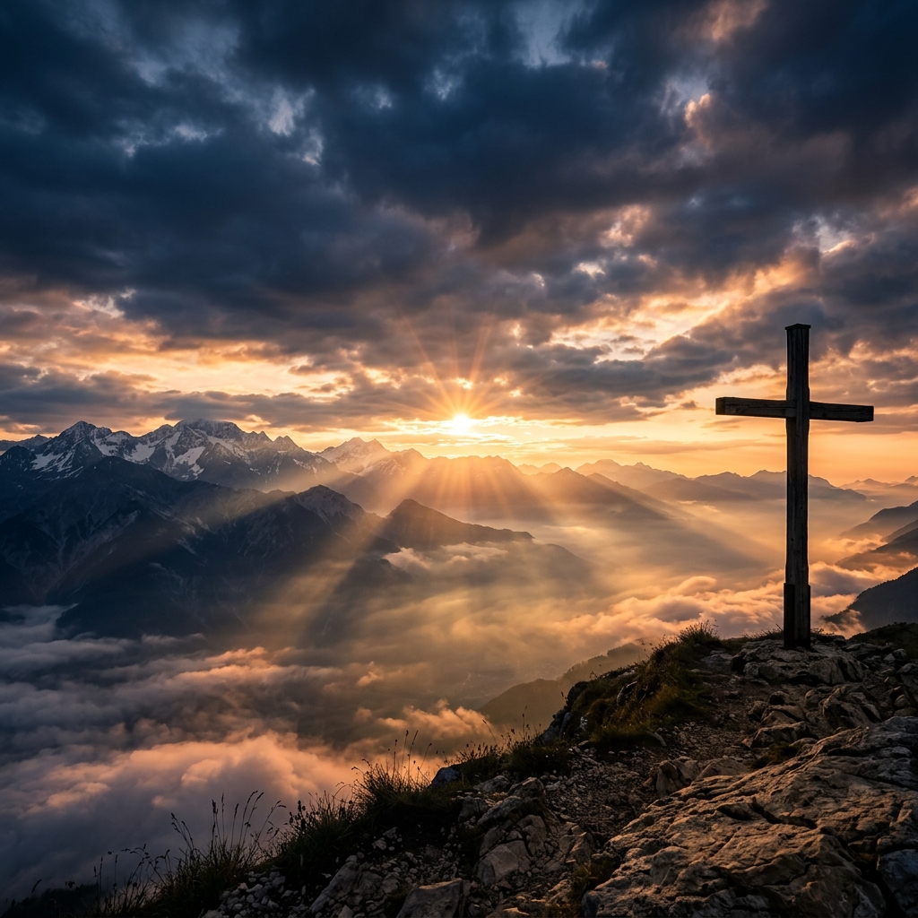 Sunrise over mountains with a cross